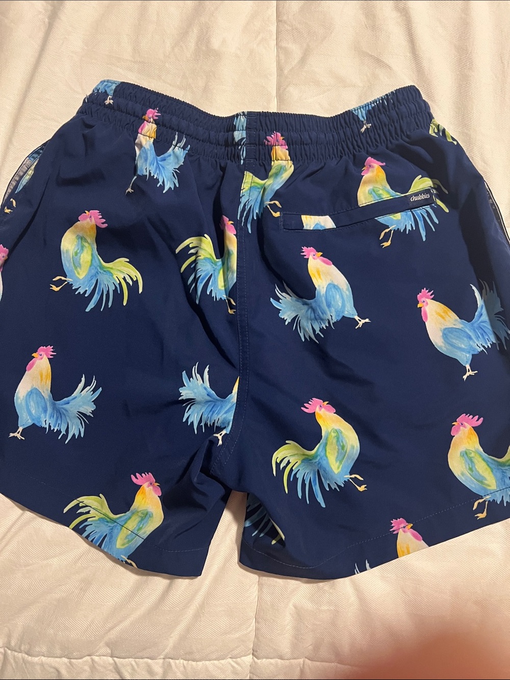 chubbies Navy Swim Shorts with Colorful Rooster Print